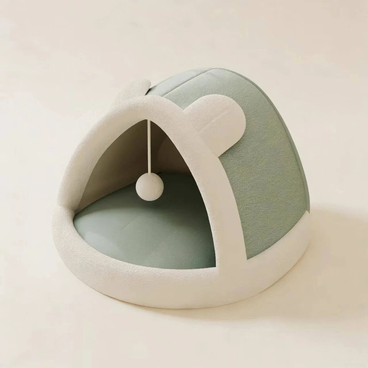 Warm Enclosed Cat Nest - Bear Shape, Soft Plush, Green/White, Hanging Toy for Play