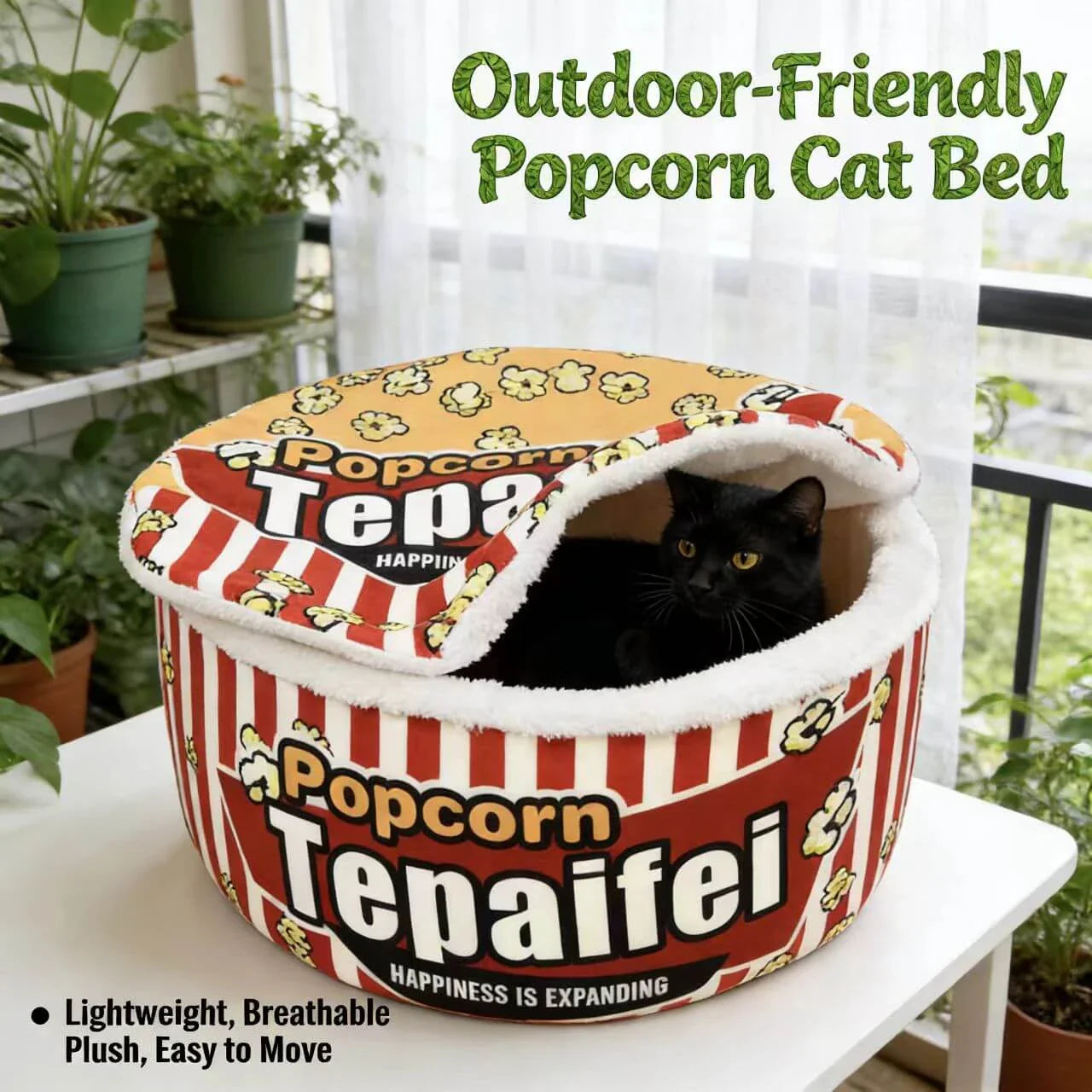 Warm Enclosed Pet Bed for Cats - Popcorn Design, Plush, Red Striped Rest Cave