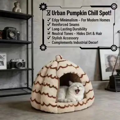 Pumpkin-Shaped Cat Bed: Cozy Hideaway, Plush Surface, Wave Pattern (Beige-Brown)