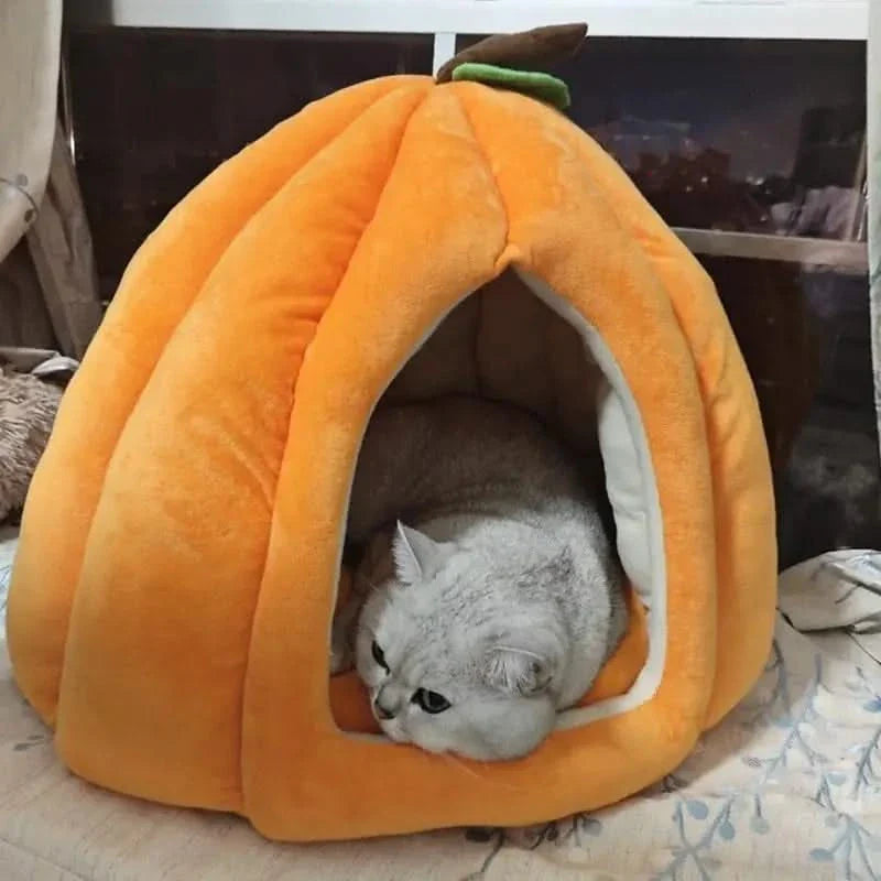 Cozy Pumpkin Cat Cave Bed for Indoor Cats & Small Dogs, Plush Warm Removable Cushion
