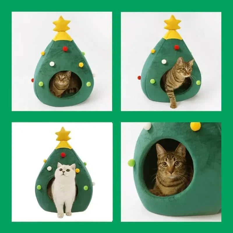 Cozy Christmas Tree Pet Bed Cave for Cats Small Dogs, Festive Igloo House