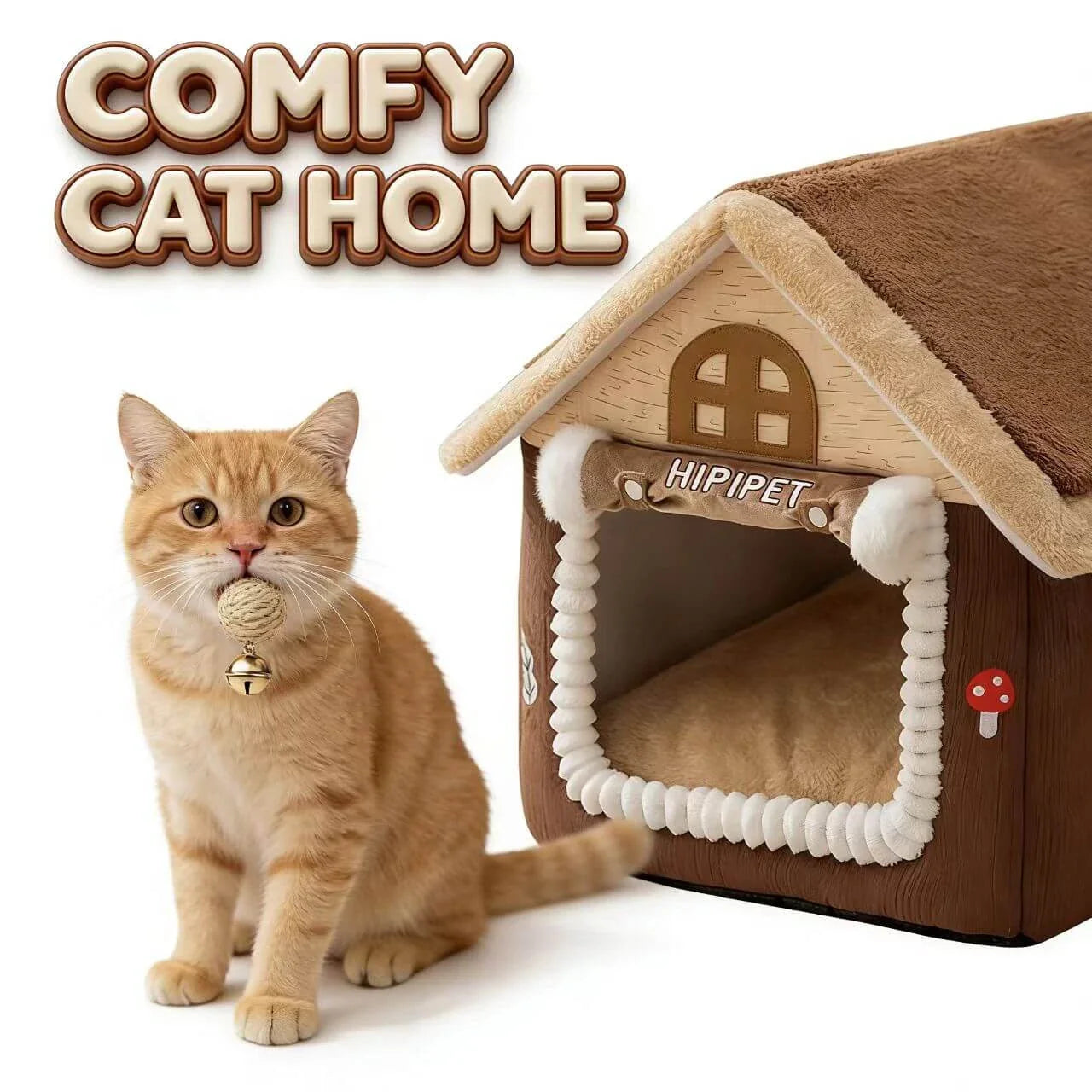 Warm Enclosed Pet Bed for Cats - Cottage-Style, Plush Fabric, Brown & Beige