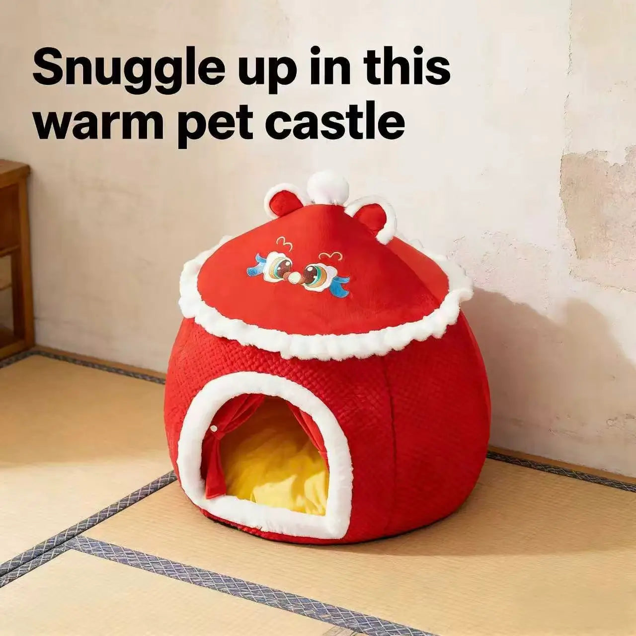 Warm Enclosed Pet Bed: Dragon Embroidery, Plush Lined (Red-White, Winter)