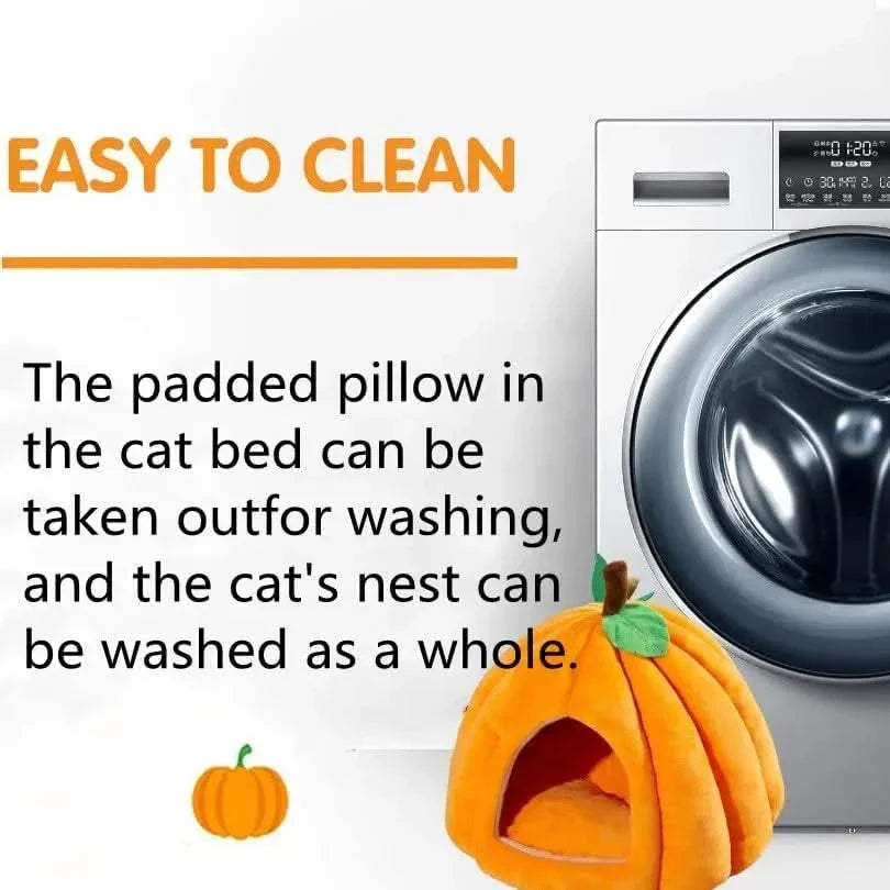 Cozy Pumpkin Cat Cave Bed for Indoor Cats & Small Dogs, Plush Warm Removable Cushion