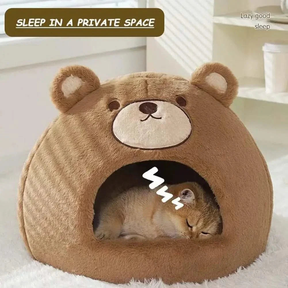 Cozy Bear Cat Cave Bed for Indoor Cats, Soft Calming Washable Pet Hideaway