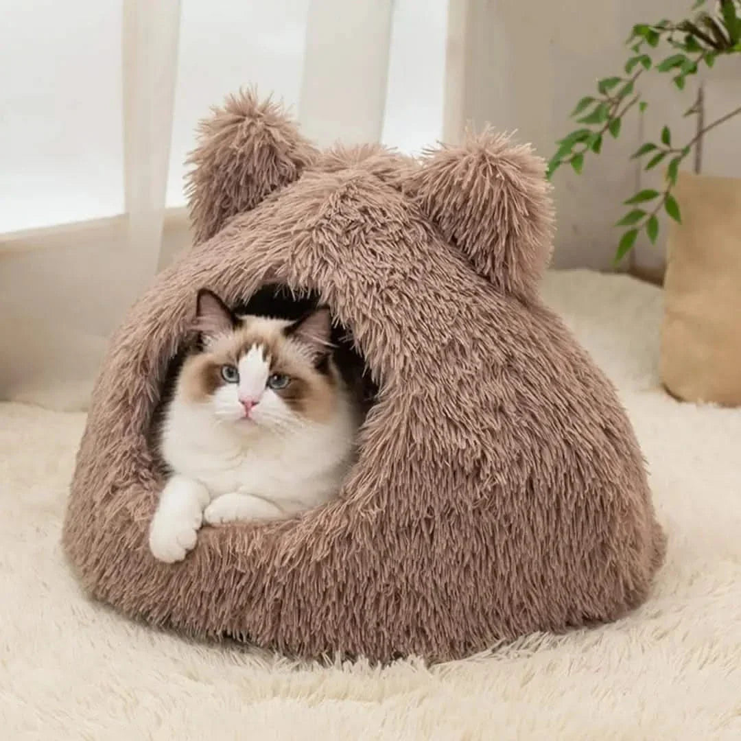 Cozy Plush Cat Cave Bed for Indoor Cats, Self-Warming Washable Cushion