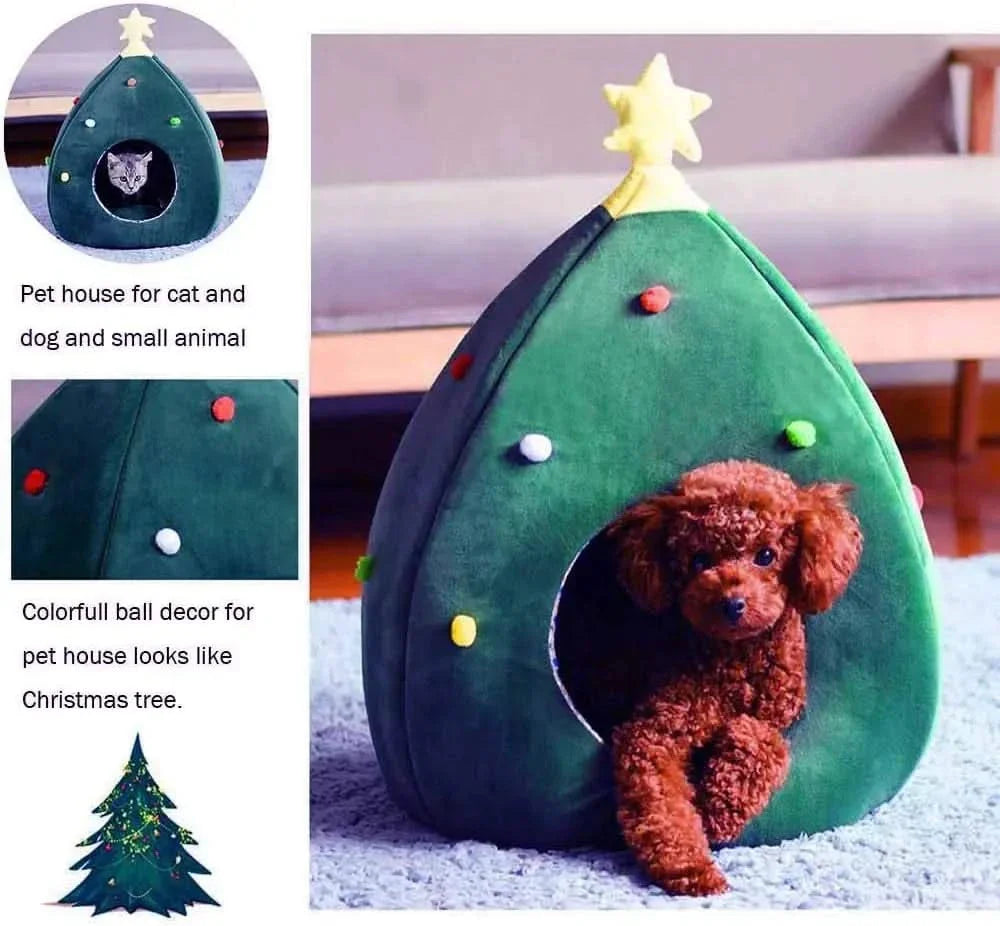 Cozy Christmas Tree Pet Bed Cave for Cats Small Dogs, Festive Igloo House