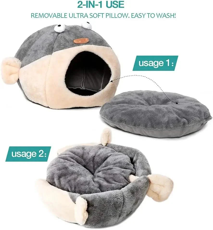 Cozy Pufferfish Cat Cave Bed with Washable Pillow, Soft Plush for Indoor Cats
