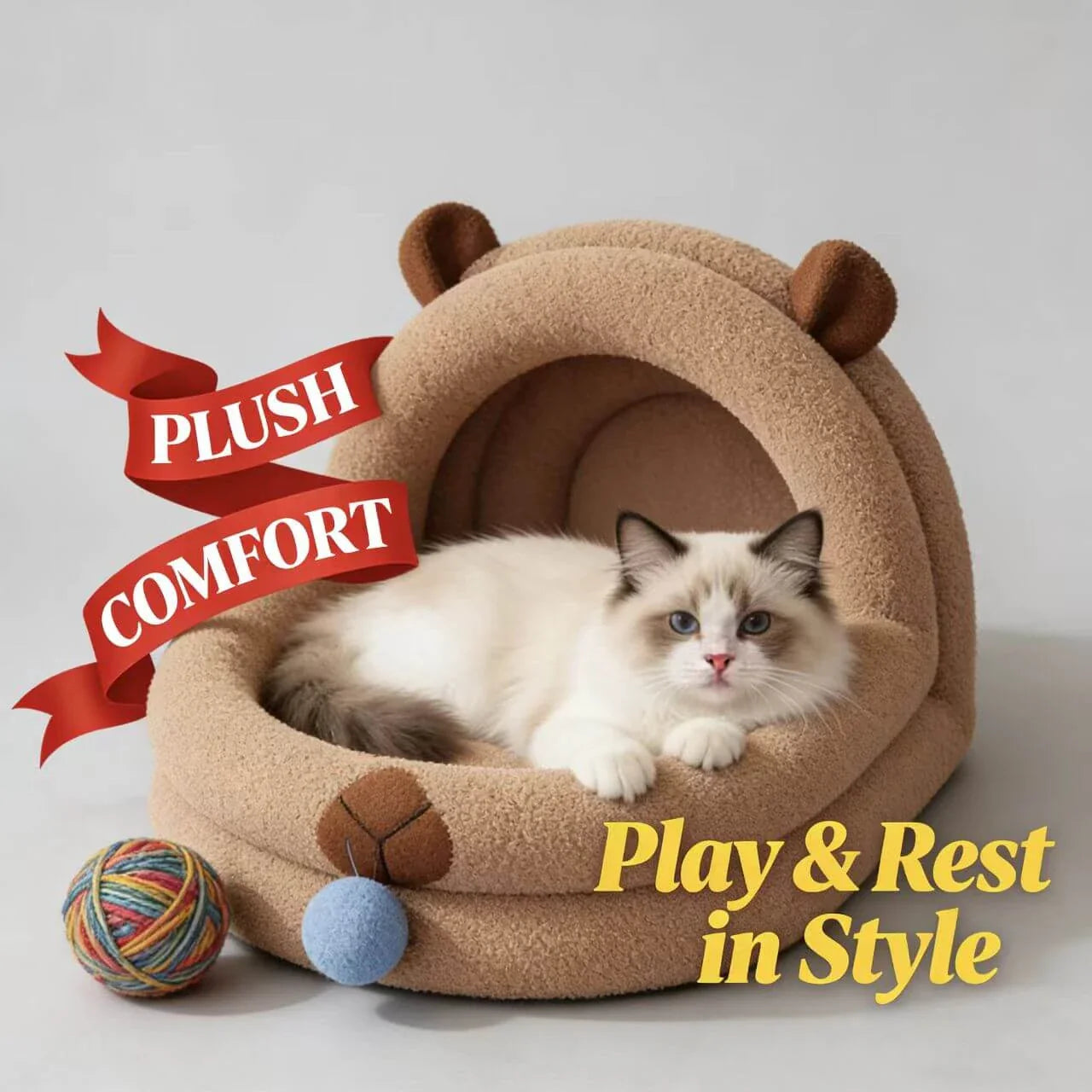 Soft Pet Nest for Cats - Bear-Shaped, Plush Material, Brown, Hanging Toy for Play