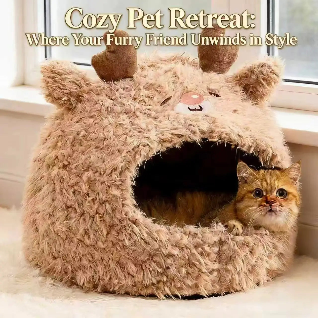 Warm Enclosed Cat Bed: Reindeer Design, Fluffy Plush Fabric (Brown, Winter)