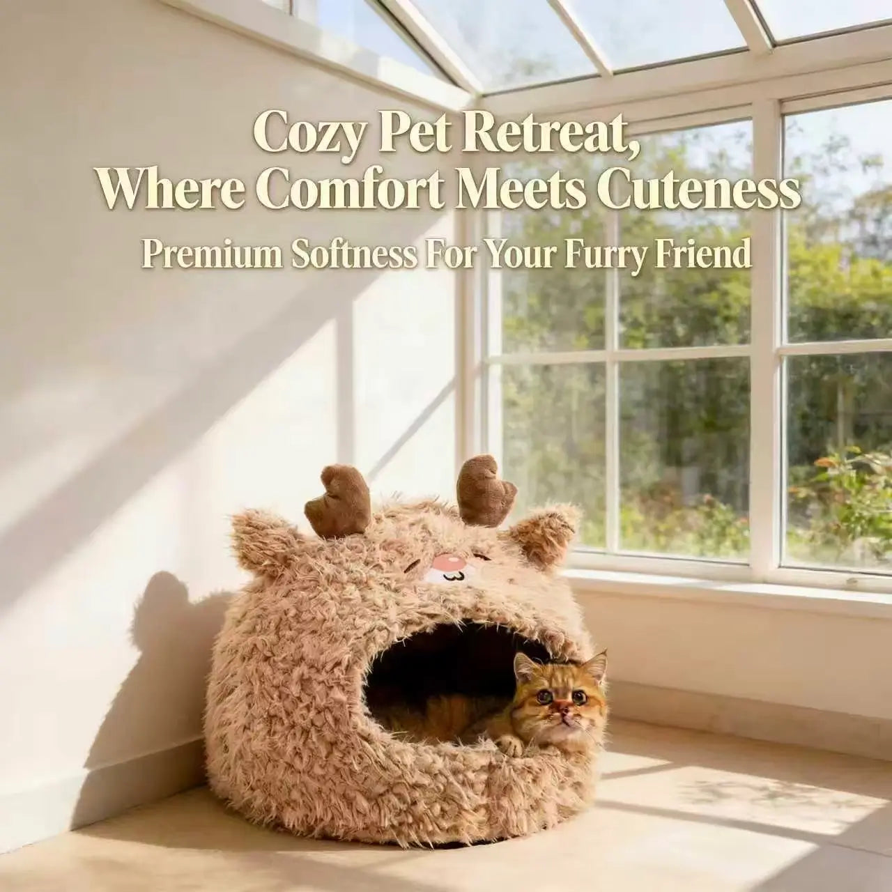 Warm Enclosed Cat Bed: Reindeer Design, Fluffy Plush Fabric (Brown, Winter)