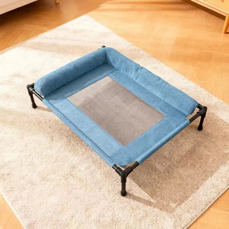 Breathable Pet Cot for Cats - Steel Legs, Mesh Linen, Blue Raised Rest Bed