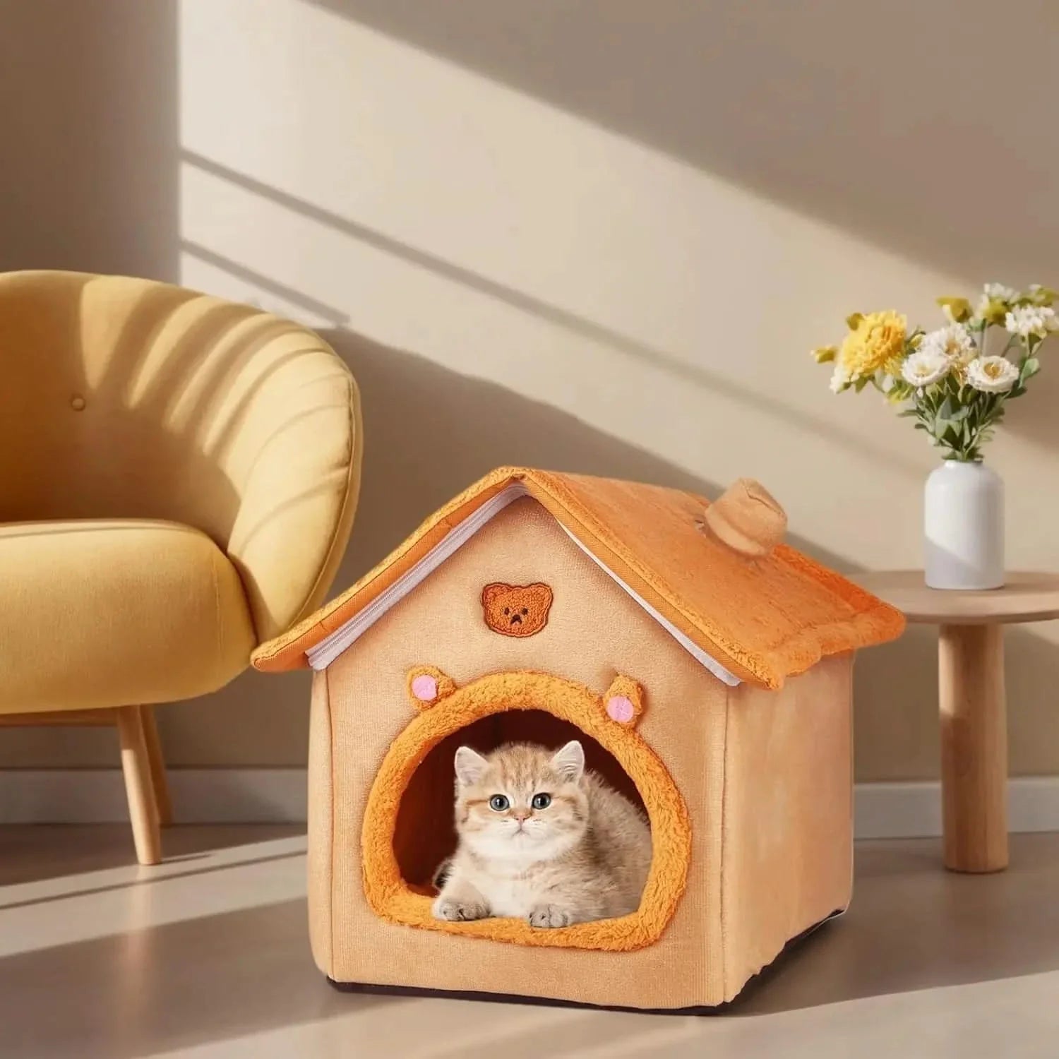 Plush Orange Indoor Cat Dog House Tent Bed - Non-Slip Cozy Comfort