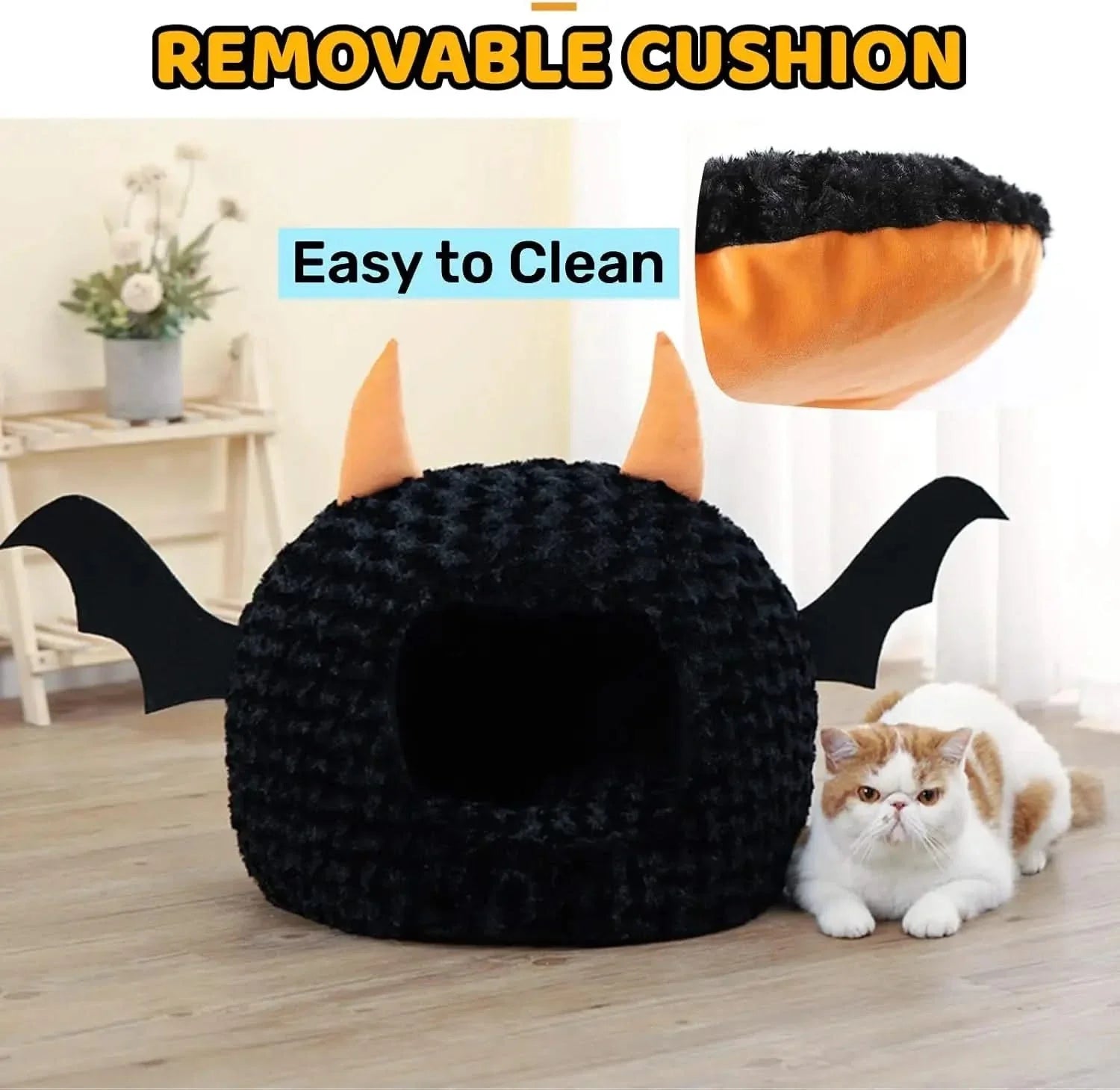 Funny Halloween Bat Cat Cave Bed: Warm, Ultra-Soft Plush, Removable Cushion