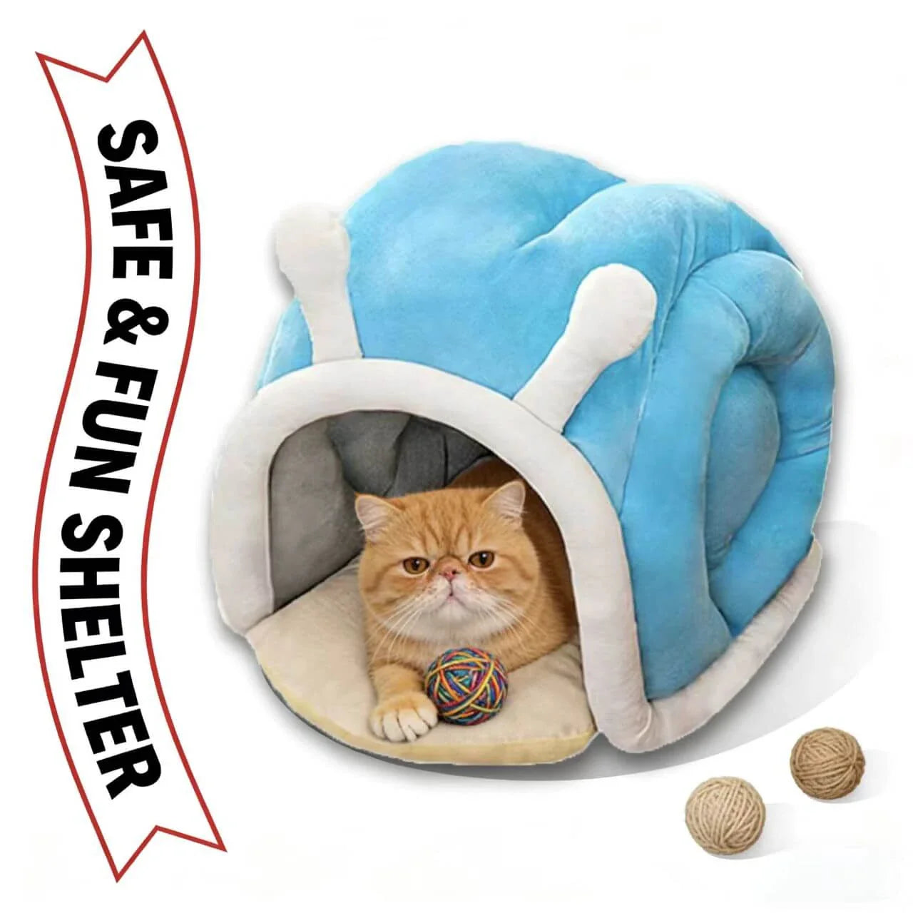 Warm Enclosed Cat Bed - Snail Design, Soft Plush, Blue Cave-Style Rest Nest