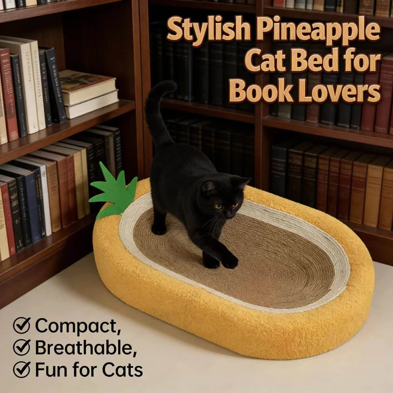 Durable Pet Scratcher for Cats - Pineapple Design, Sisal Core, Yellow Plush Edge Mat