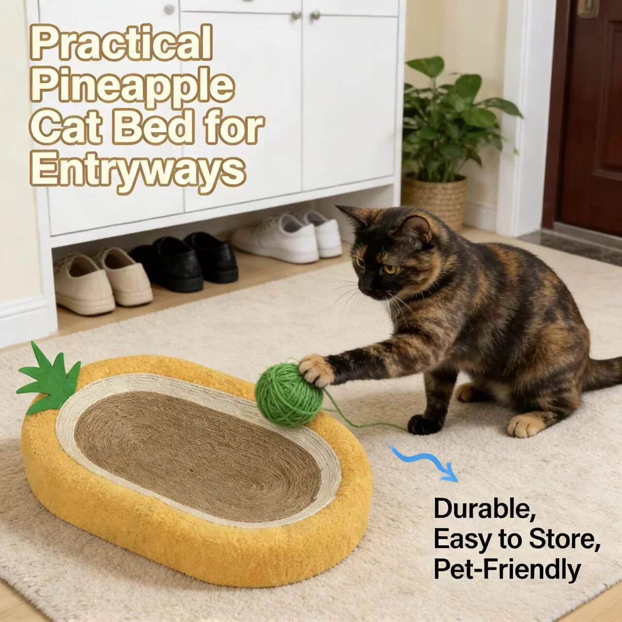 Durable Pet Scratcher for Cats - Pineapple Design, Sisal Core, Yellow Plush Edge Mat