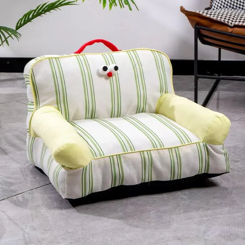 Soft Cushioned Pet Chair for Cats - Striped Linen, Cartoon Eyes, White/Green Rest Sofa