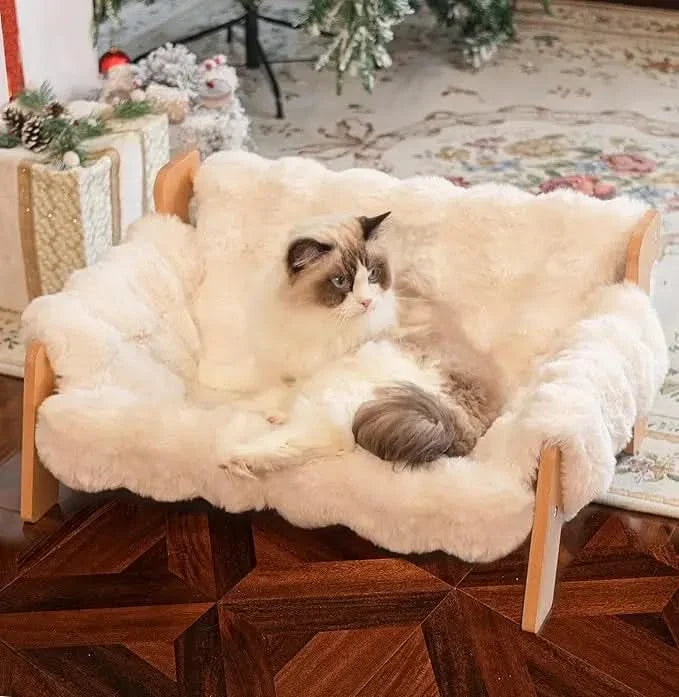 Elevated Wooden Cat Couch Bed for Indoor Cats, Washable Fluffy Cover