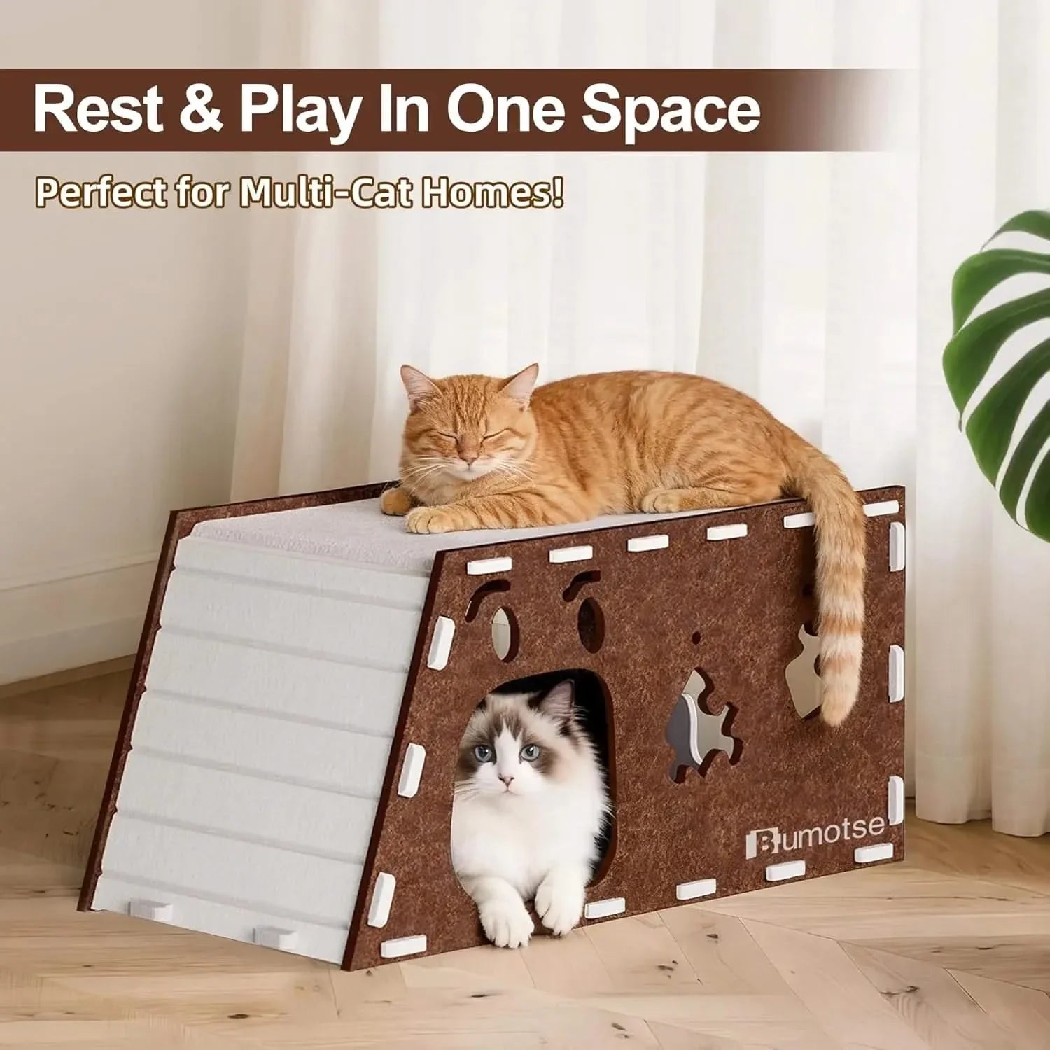 Quiet Felt Cat Bed Cave House for Indoor Cats, Tunnel Condo with Catnip Toy
