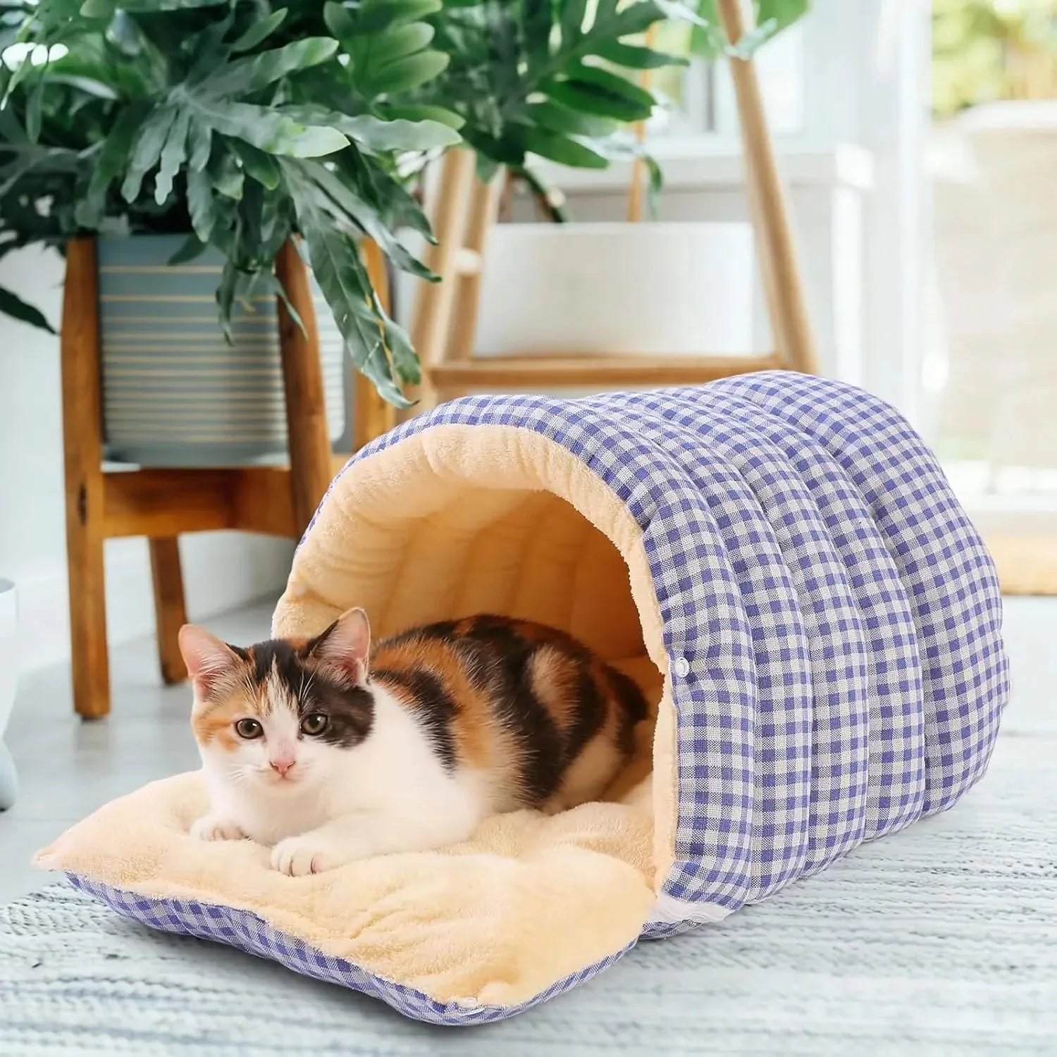 Novabright Gingham Checkered Cat Cave Bed – Thickened Warm Pet Sleep Bag