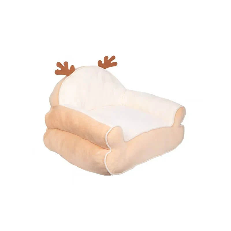 Soft Cushioned Pet Chair for Cats - Cat Ear Design, Plush, Grey/Beige Rest Sofa