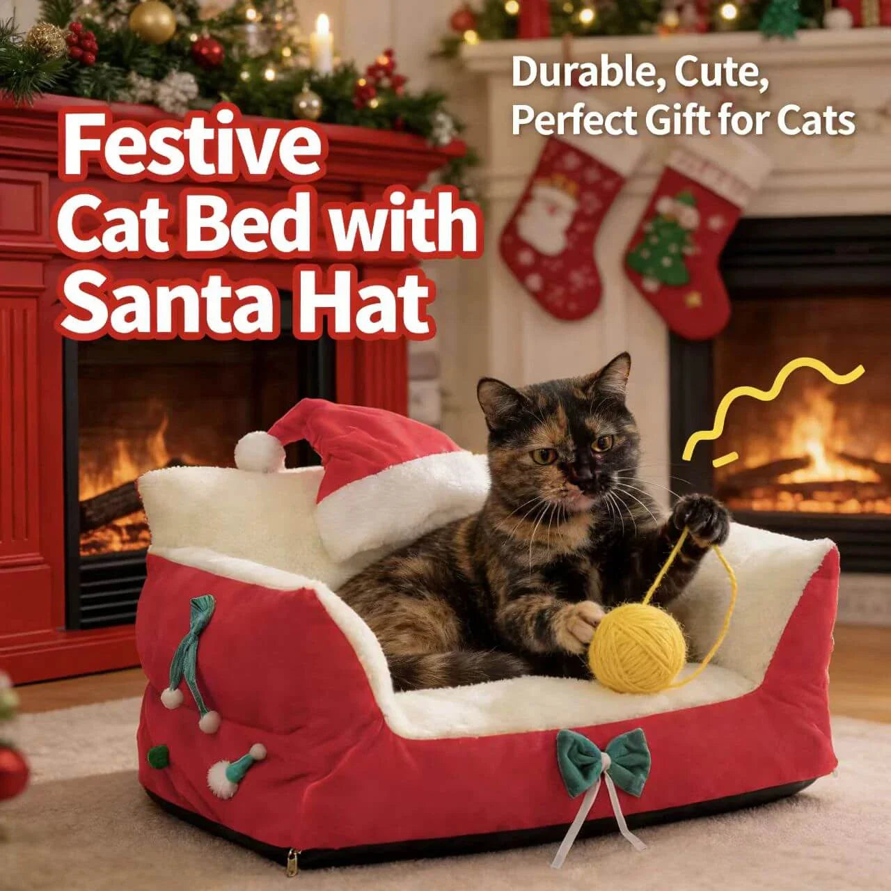 Cozy Holiday Pet Sofa for Cats - Xmas Design, Plush, Red/White Rest Bed