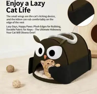 Owl-Shape Cat Cave with Scratcher: Brown, Itch-Relief Wings for Cats ,All-Season