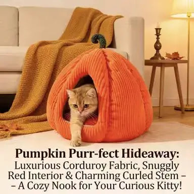 Pet Cave Bed, Pumpkin-Style, Orange Corduroy, 2 Sizes, Small-Medium Pet Bed