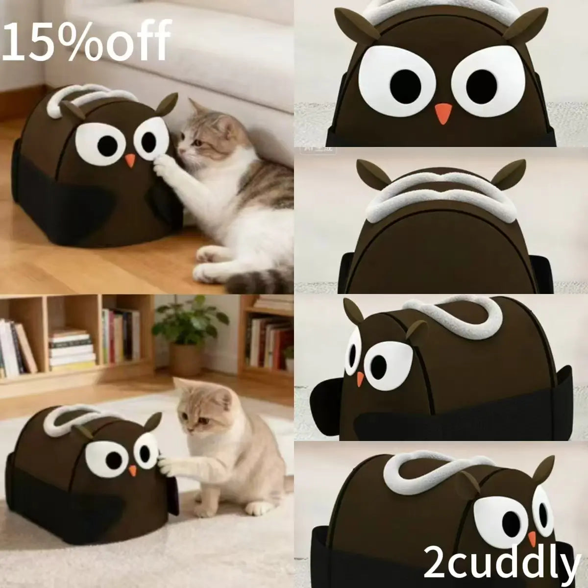 Owl-Shape Cat Cave with Scratcher: Brown, Itch-Relief Wings for Cats ,All-Season