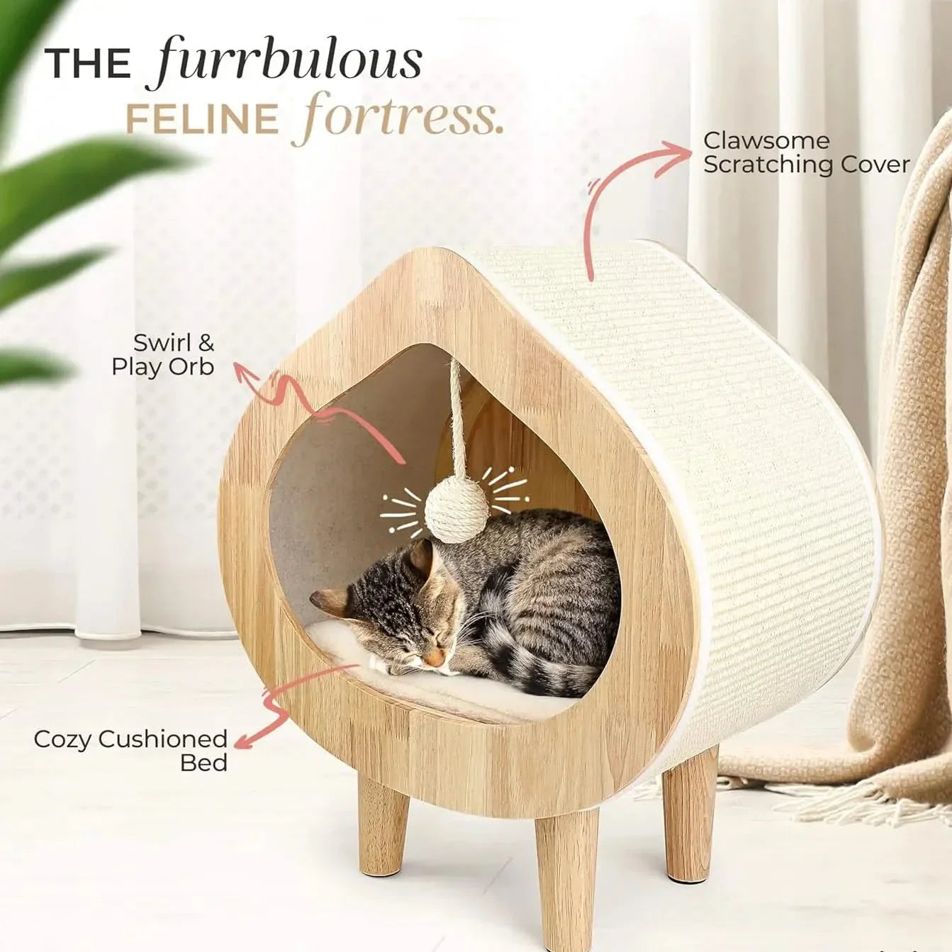 Modern Cat Bed with Scratching Wall, Cozy Cave Hideout for Indoor Cats