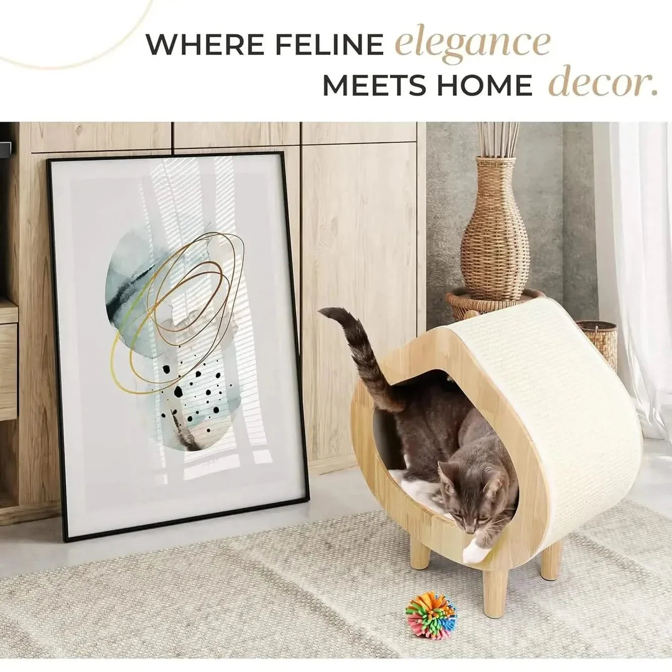 Modern Cat Bed with Scratching Wall, Cozy Cave Hideout for Indoor Cats