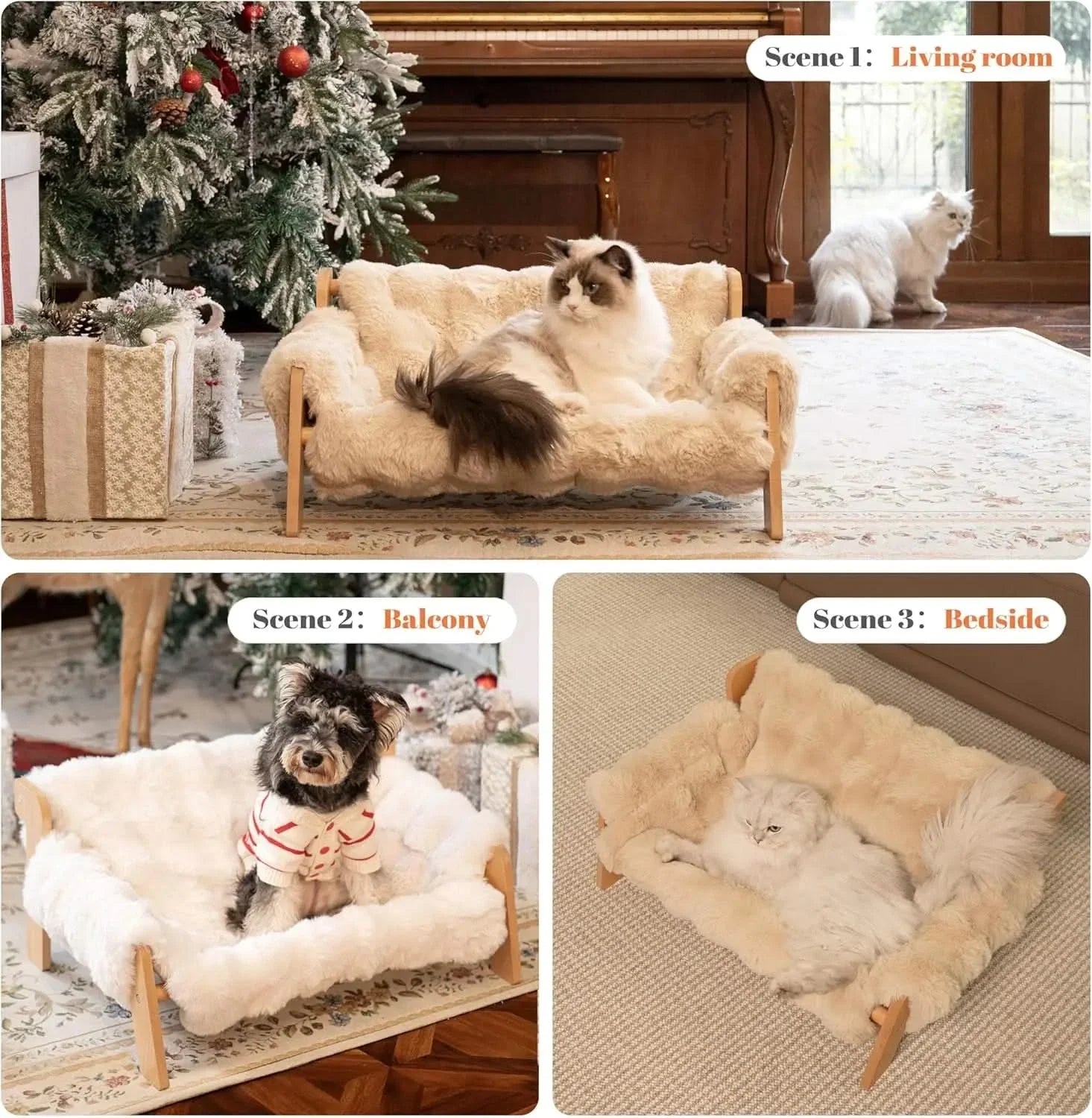 Elevated Wooden Cat Couch Bed for Indoor Cats, Washable Fluffy Cover