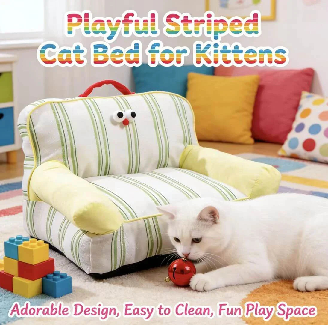 Soft Cushioned Pet Chair for Cats - Striped Linen, Cartoon Eyes, White/Green Rest Sofa