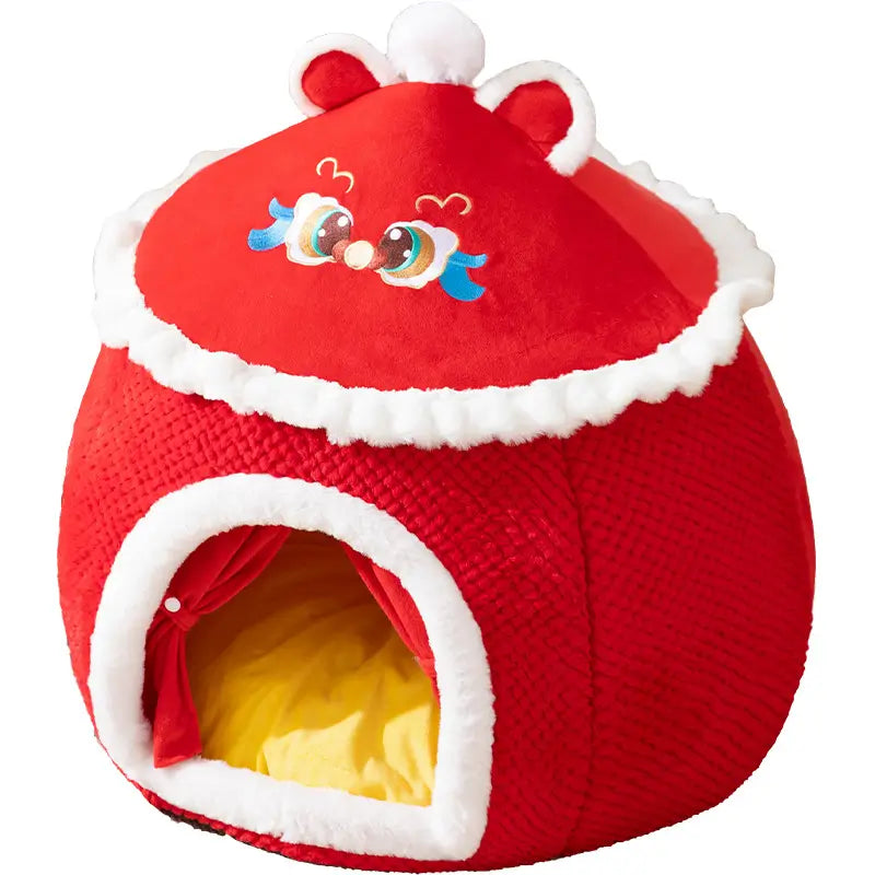 Warm Enclosed Pet Bed: Dragon Embroidery, Plush Lined (Red-White, Winter)