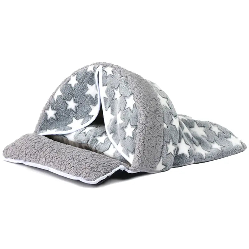 Star-Patterned Cat Bed: Cozy Hideaway, Plush Surface, Foldable Design (Gray-White)