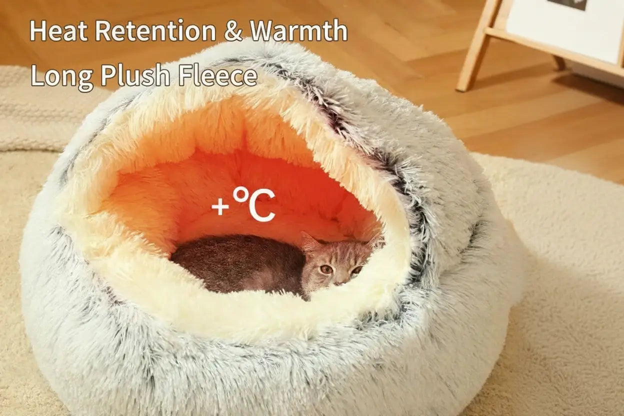 Heat-Retaining Enclosed Cat Bed: Gray Long Fur, Warm Lining for Cats (Winter-Ready)