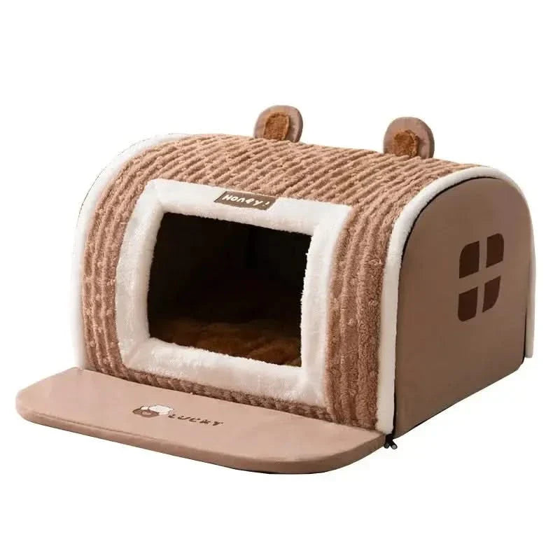 Cozy Bear Cave Pet Bed: Warm, Windproof, Plush for Dogs & Cats
