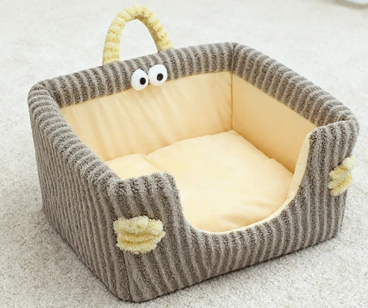 Soft Cat Bed - Monster-Shaped, Striped Plush Fabric, Pink, Portable Handle for Cozy Rest