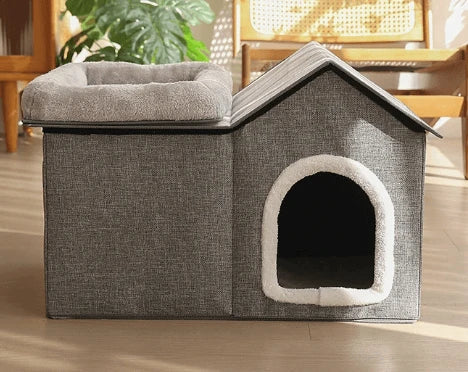 2-in-1 Cat Bed & House - Cottage Shape, Linen + Plush, Beige Enclosed Rest Space