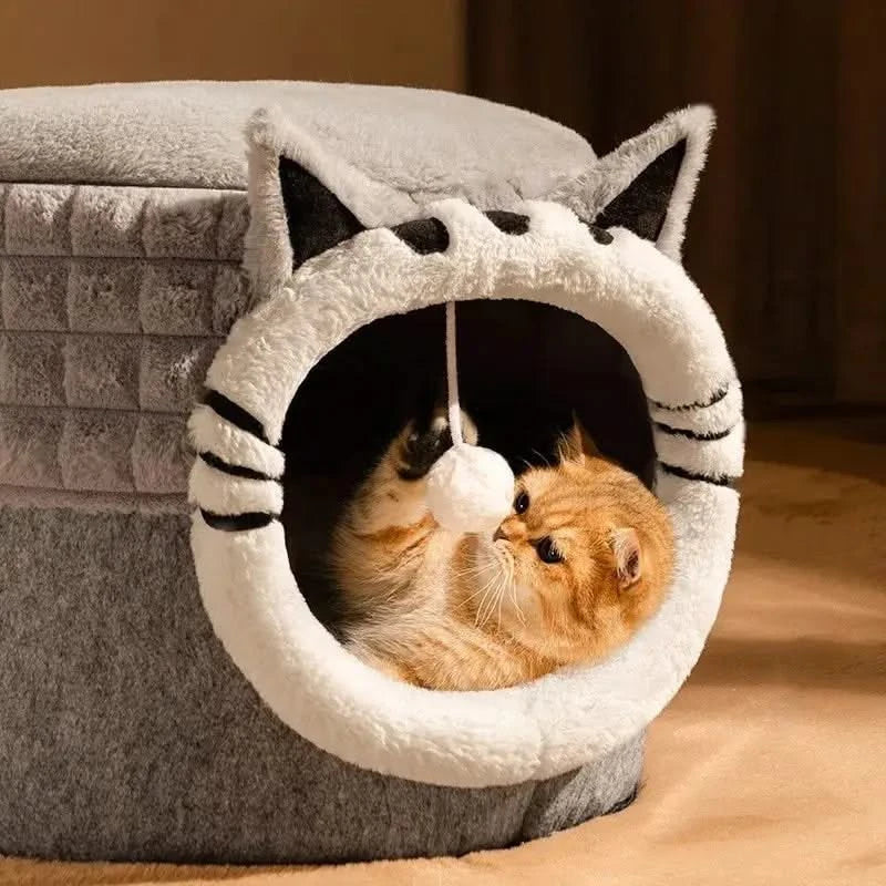 Cozy Enclosed Winter Cat Bed House - Warm Pet Nest for Kittens
