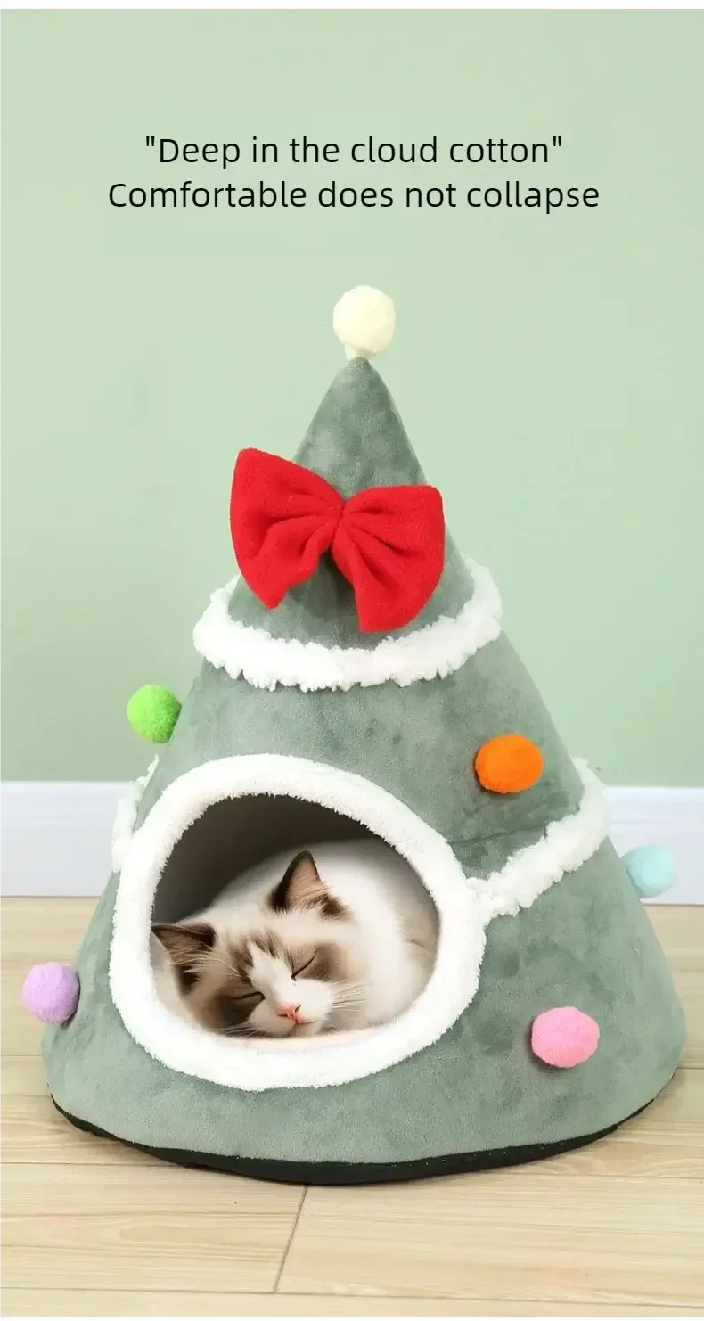 Cozy Christmas Tree Pet Lounger Cushion: Washable Warm Cat Dog House Bed