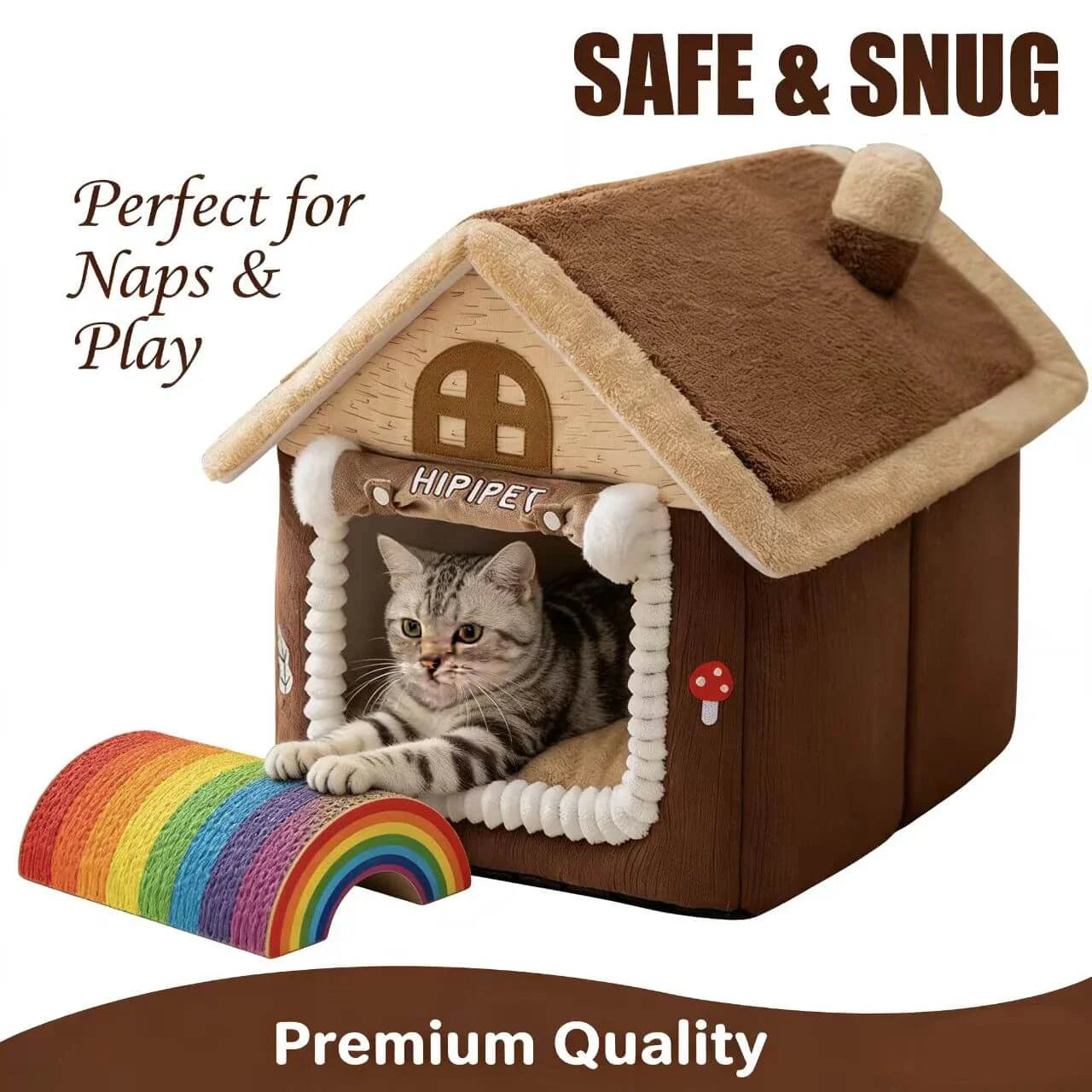 Warm Enclosed Pet Bed for Cats - Cottage-Style, Plush Fabric, Brown & Beige