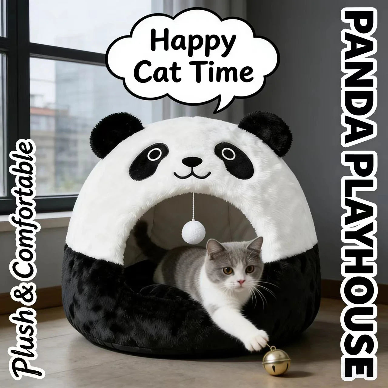 Warm Enclosed Cat Bed - Panda Design, Plush Fabric, Hanging Toy for Cozy Rest