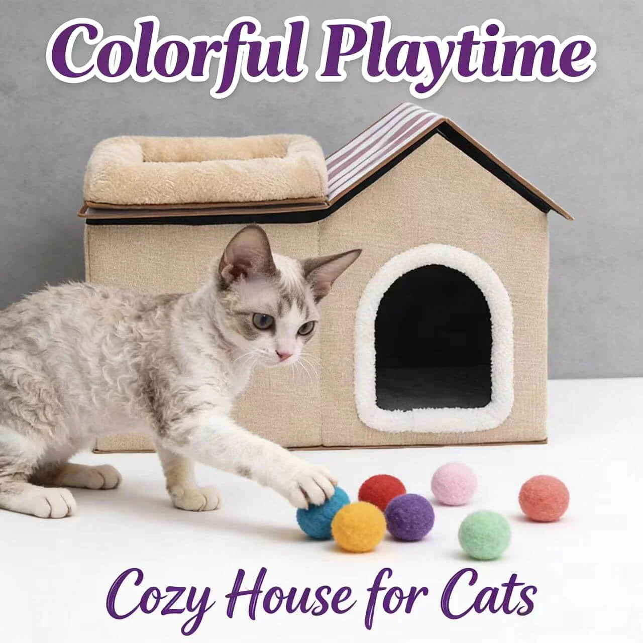 2-in-1 Cat Bed & House - Cottage Shape, Linen + Plush, Beige Enclosed Rest Space