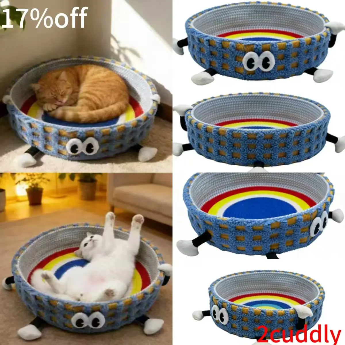 Cartoon Durable Cat Bed: Cotton Rope-Woven, Scratch-Resistant Rainbow Design for Cats