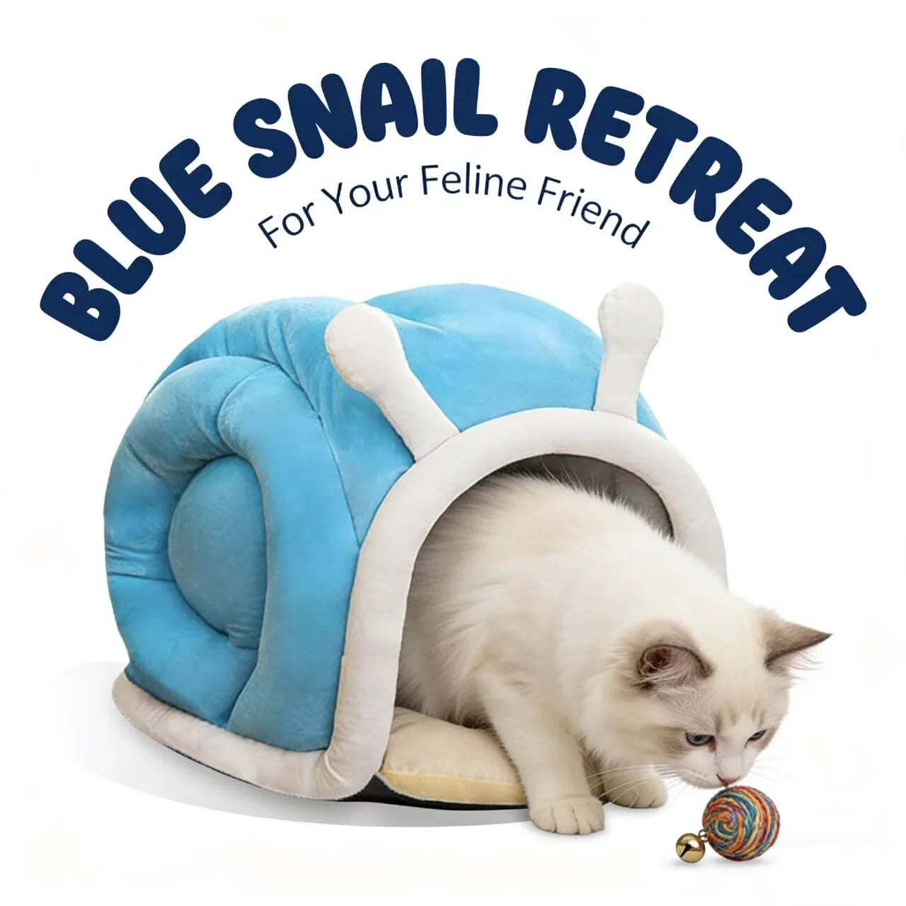 Warm Enclosed Cat Bed - Snail Design, Soft Plush, Blue Cave-Style Rest Nest