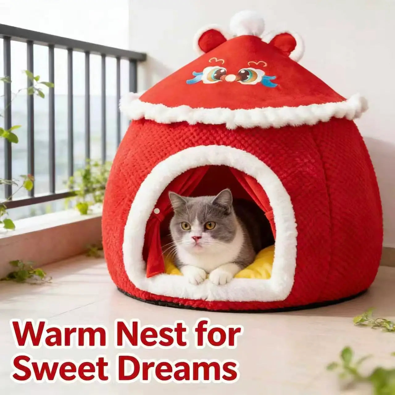 Warm Enclosed Pet Bed: Dragon Embroidery, Plush Lined (Red-White, Winter)