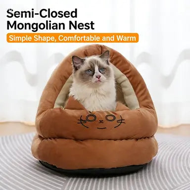 Warm Semi-Enclosed Cat Cave: Light Green Plush, Cozy Minimalist Design for Cats (All-Season)