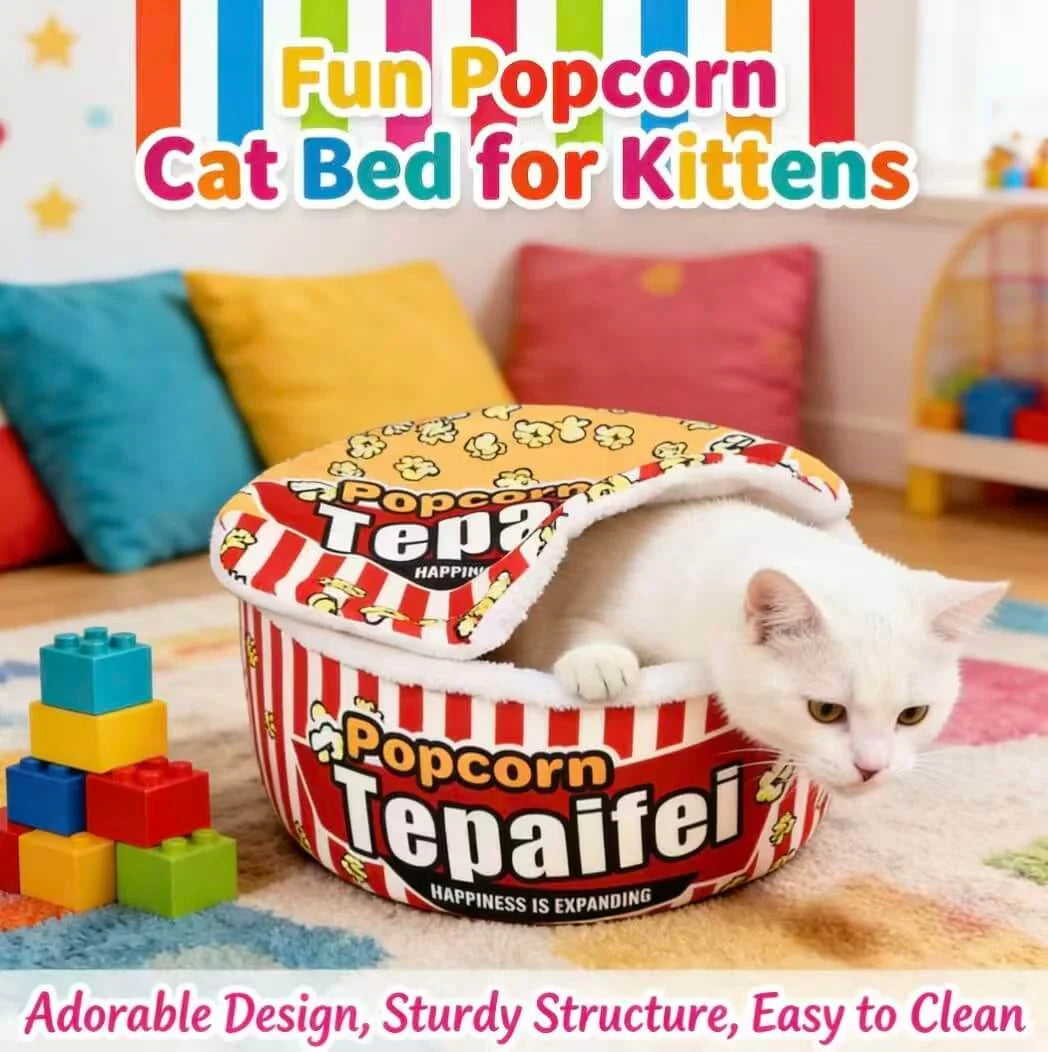 Warm Enclosed Pet Bed for Cats - Popcorn Design, Plush, Red Striped Rest Cave